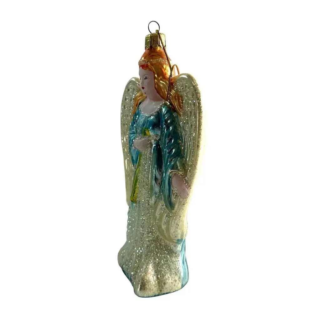 Vintage Hand Blown Glass Angel Christmas Ornament Blue Gown Glitter 6.5”
